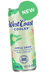 A can of West Coast Cooler Apple Drop with a green sticker at the top saying "new"