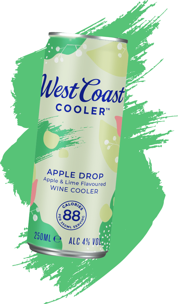 A West Coast Cooler Apple Drop can on a green swash background