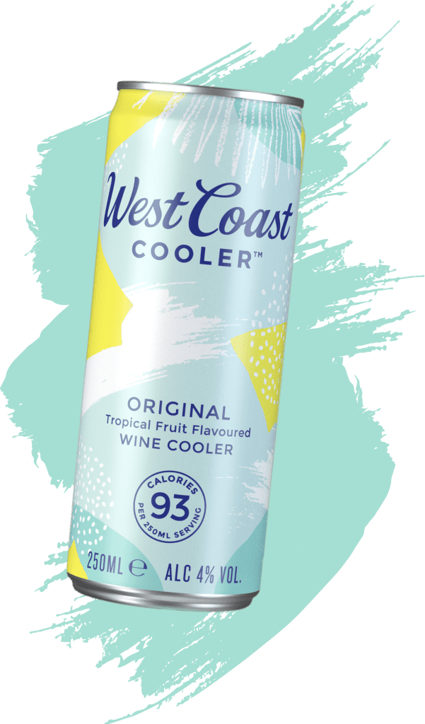 A West Coast Cooler Original can on a light blue swash background
