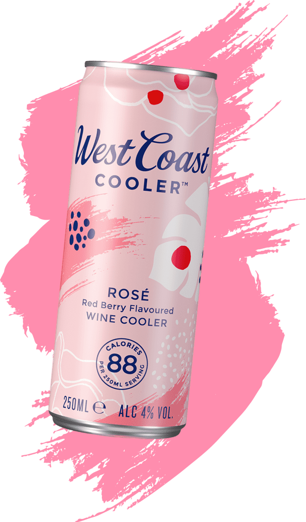 A West Coast Cooler Rosé can on a pink swash background