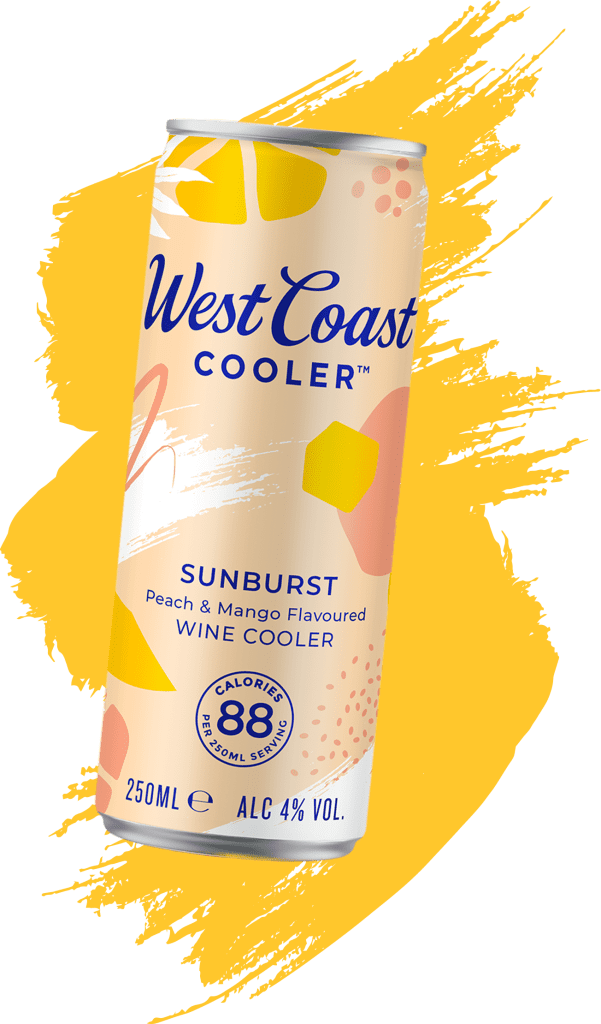 A West Coast Cooler Sunburst can on a orange swash background