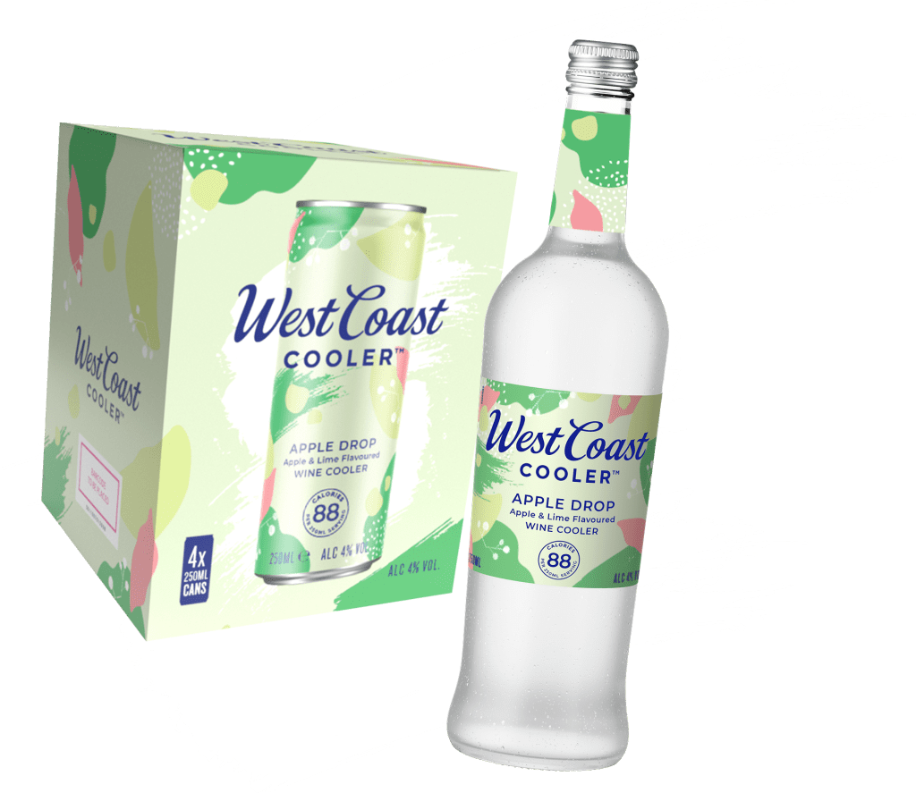 West Coast Cooler Apple Drop flavour multipack and bottle