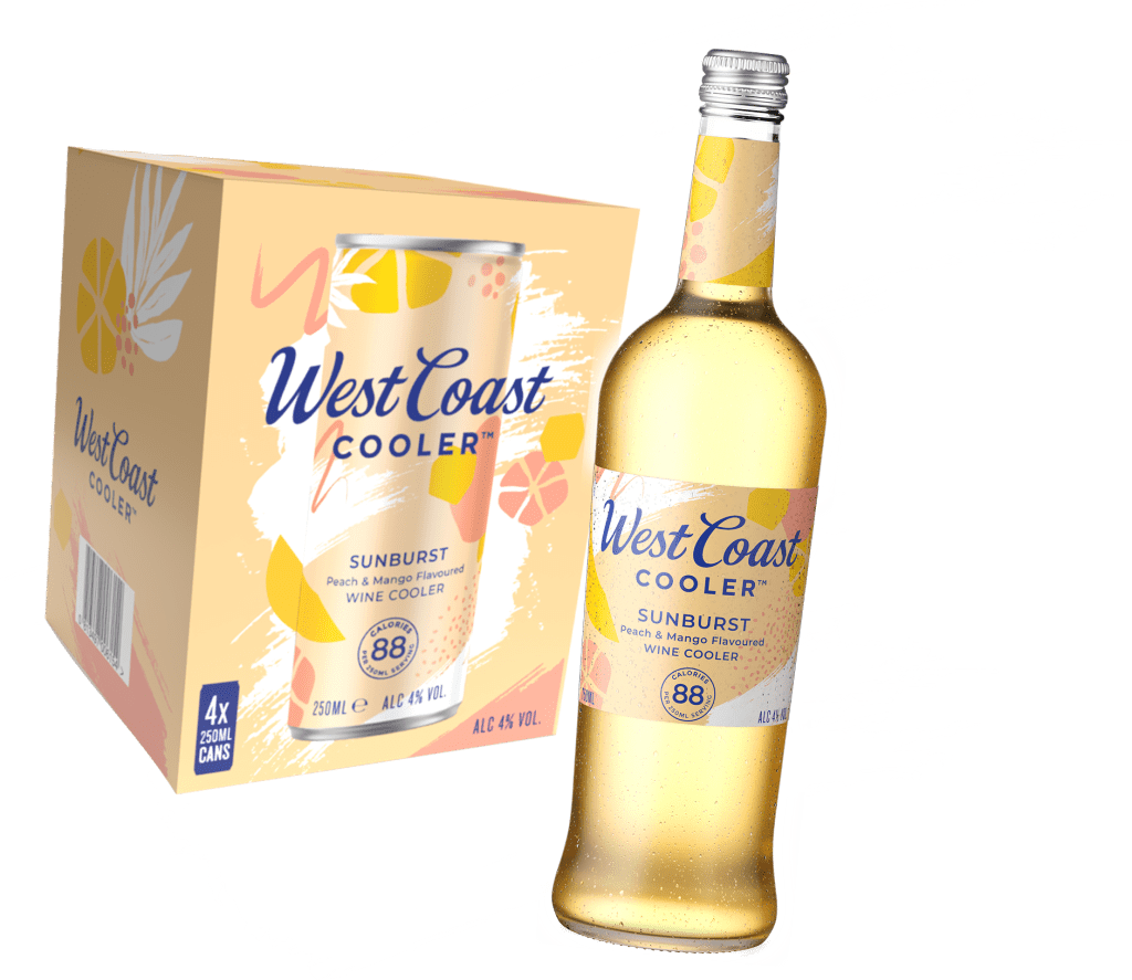 West Coast Cooler Sunburst flavour multipack and bottle